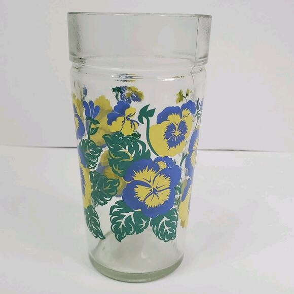 VTG Anchor Hocking Blue And Yellow Pansies 1980s Drinking Glass 6” - Picture 1 of 7